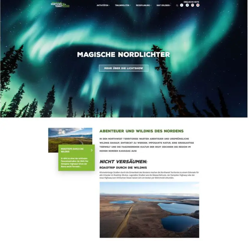 Die neue gestaltete deutschsprachige Homepage der Northwest Territories